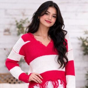 Women's Adora Red & White Striped V-Neck Sweater Fringe trim size L
